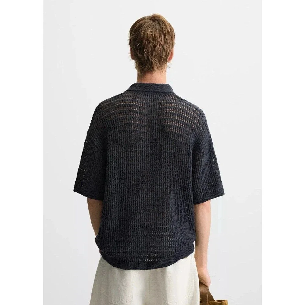 ZARA Man Knit Polo Shirt With Openwork Stitch - Navy Blue - Large Lagenlook Boho
